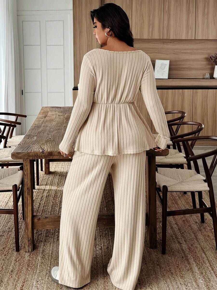 Weeklong Women Plus Size Plush Fabric Loose Collar Top, Warm Casual 2 Pieces Set, Autumn/Winter Fall