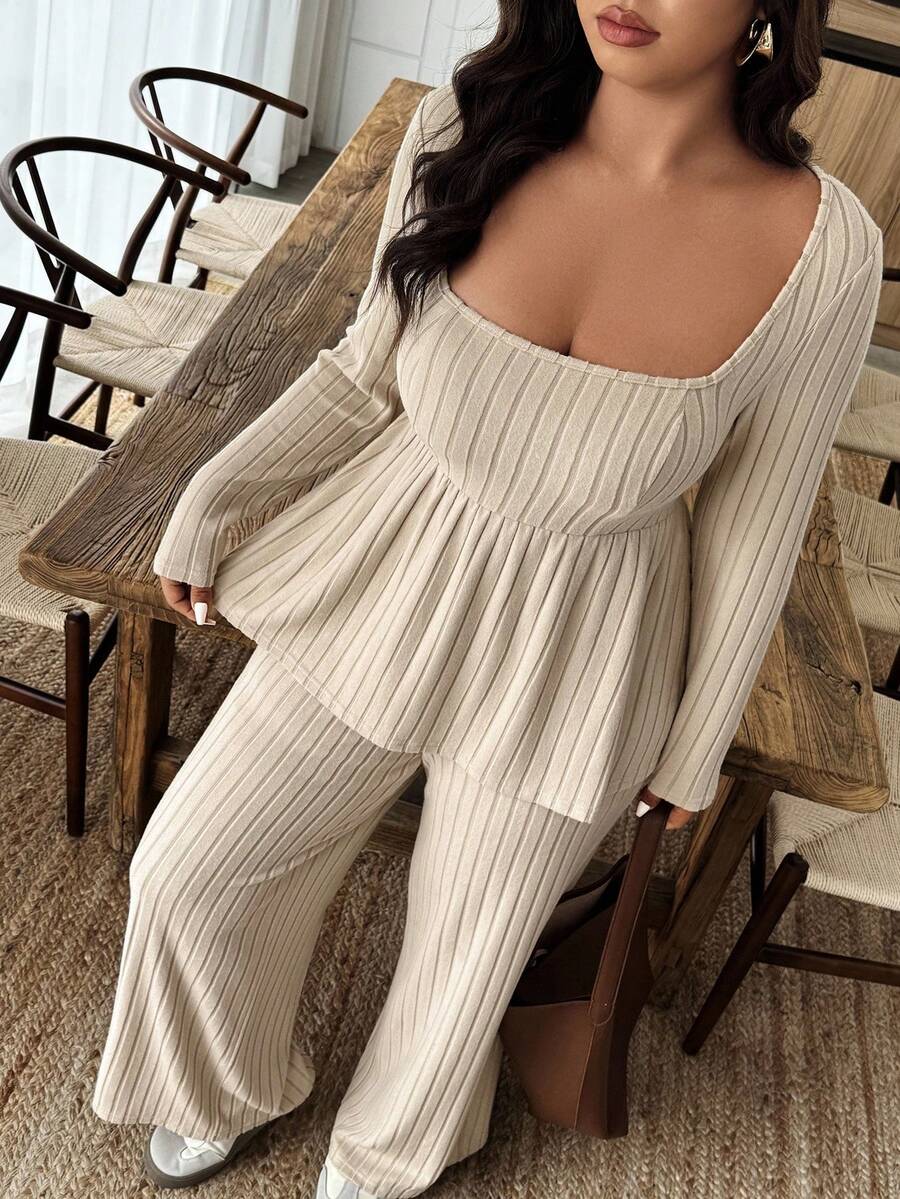Weeklong Women Plus Size Plush Fabric Loose Collar Top, Warm Casual 2 Pieces Set, Autumn/Winter Fall
