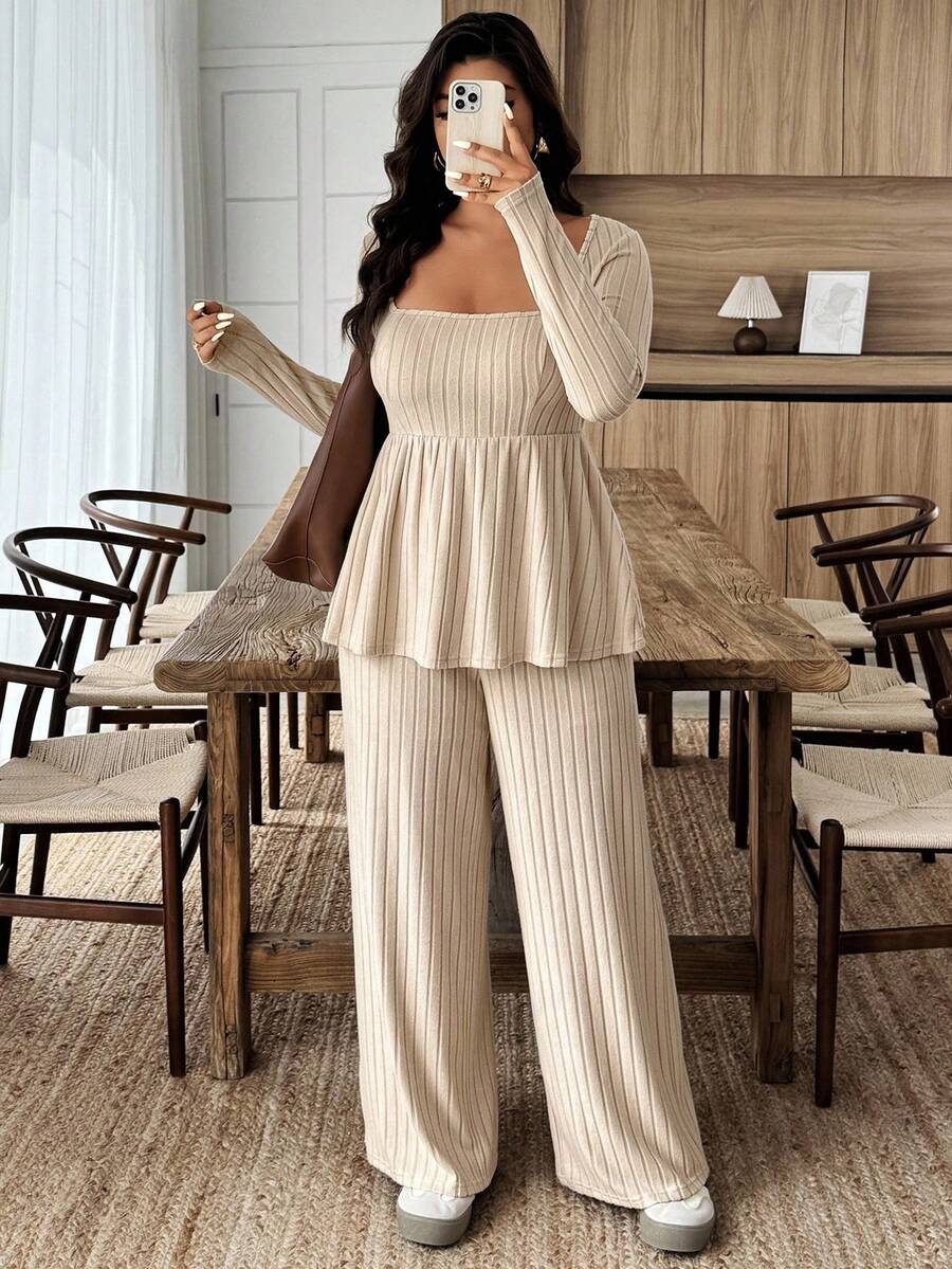 Weeklong Women Plus Size Plush Fabric Loose Collar Top, Warm Casual 2 Pieces Set, Autumn/Winter Fall