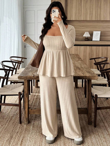 Weeklong Women Plus Size Plush Fabric Loose Collar Top, Warm Casual 2 Pieces Set, Autumn/Winter Fall