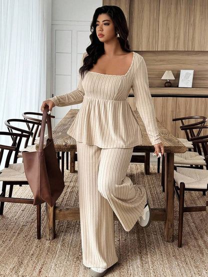 Weeklong Women Plus Size Plush Fabric Loose Collar Top, Warm Casual 2 Pieces Set, Autumn/Winter Fall