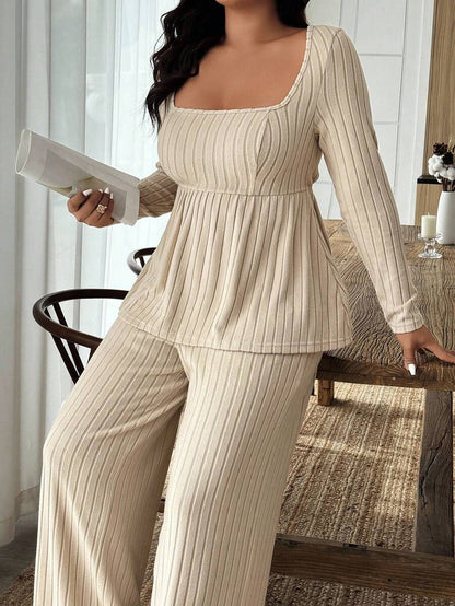 Weeklong Women Plus Size Plush Fabric Loose Collar Top, Warm Casual 2 Pieces Set, Autumn/Winter Fall