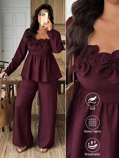 Breezaya 2pcs Plus Size Women Square Neck Ruffle Hem Floral Decor Long Sleeve Top And Pants Set Fall/Winter