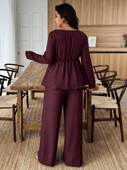 Breezaya 2pcs Plus Size Women Square Neck Ruffle Hem Floral Decor Long Sleeve Top And Pants Set Fall/Winter