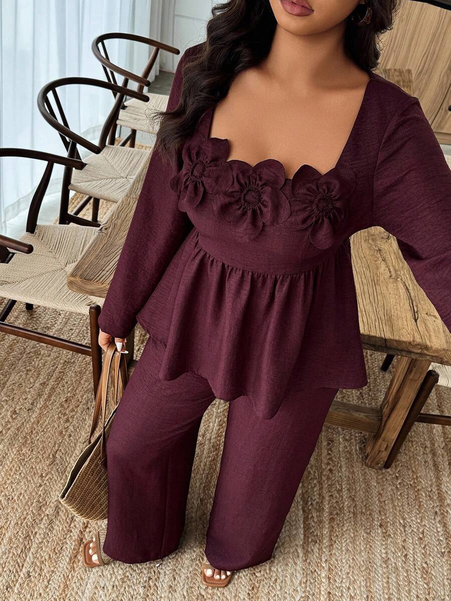 Breezaya 2pcs Plus Size Women Square Neck Ruffle Hem Floral Decor Long Sleeve Top And Pants Set Fall/Winter