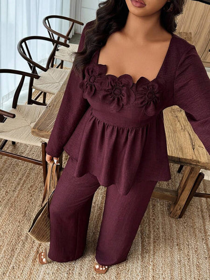 Breezaya 2pcs Plus Size Women Square Neck Ruffle Hem Floral Decor Long Sleeve Top And Pants Set Fall/Winter