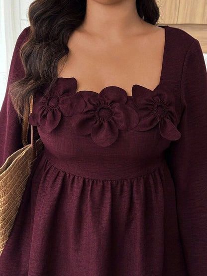 Breezaya 2pcs Plus Size Women Square Neck Ruffle Hem Floral Decor Long Sleeve Top And Pants Set Fall/Winter