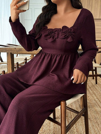 Breezaya 2pcs Plus Size Women Square Neck Ruffle Hem Floral Decor Long Sleeve Top And Pants Set Fall/Winter