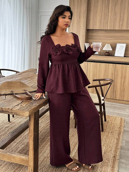 Breezaya 2pcs Plus Size Women Square Neck Ruffle Hem Floral Decor Long Sleeve Top And Pants Set Fall/Winter