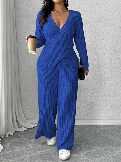 Calvaya Plus Size Soft Knit Fleece Ribbed Fabric Wrap Long Sleeve T-Shirt + Soft Fleece Ribbed Wide Leg Pants Casual Home 2 Pieces Set Fall Cloth For Women