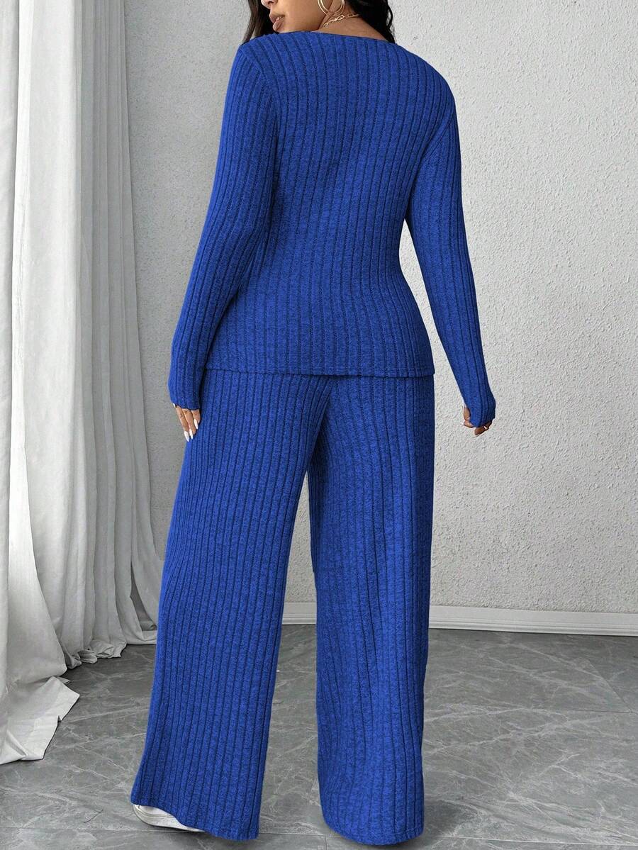 Calvaya Plus Size Soft Knit Fleece Ribbed Fabric Wrap Long Sleeve T-Shirt + Soft Fleece Ribbed Wide Leg Pants Casual Home 2 Pieces Set Fall Cloth For Women