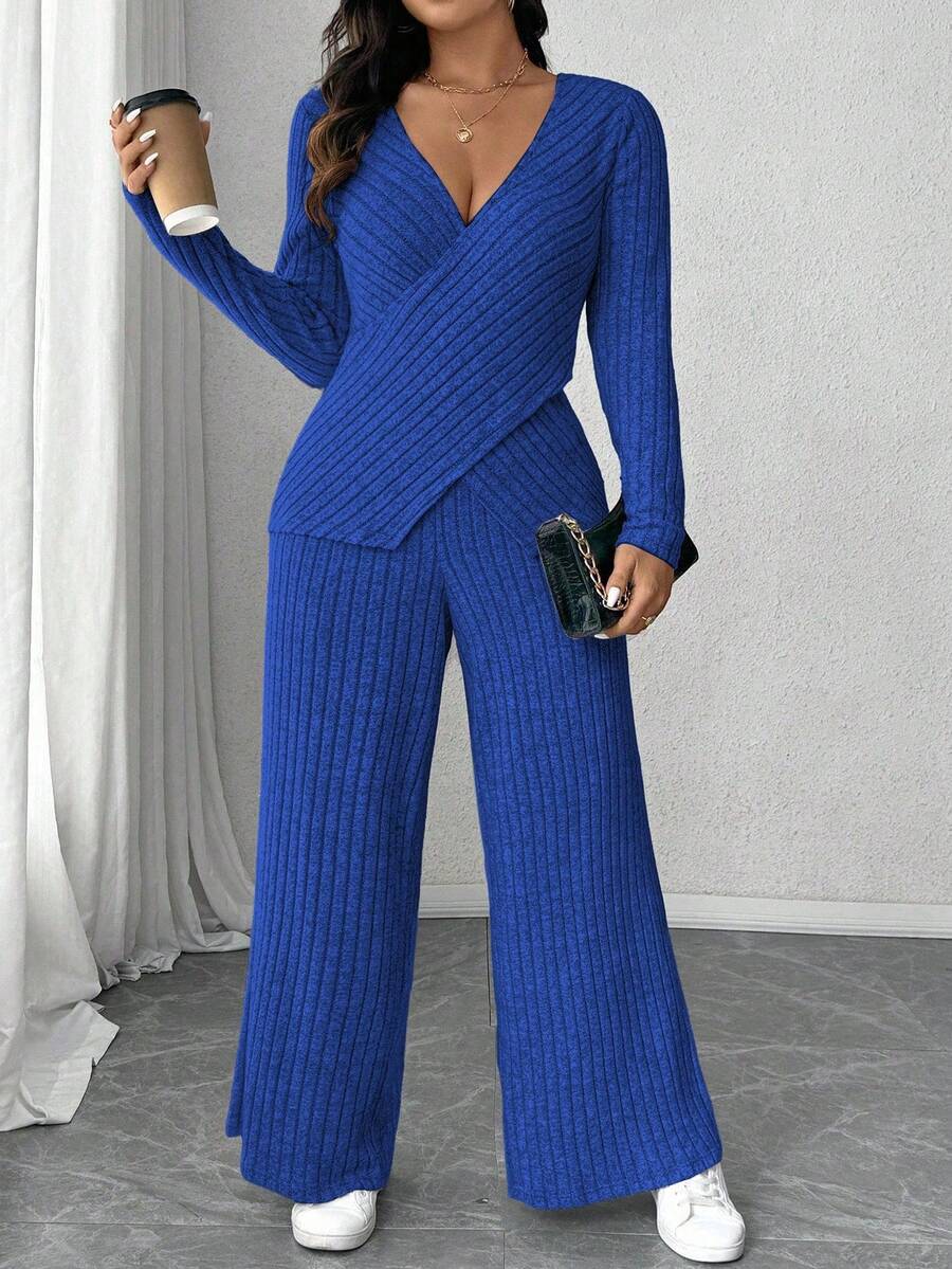 Calvaya Plus Size Soft Knit Fleece Ribbed Fabric Wrap Long Sleeve T-Shirt + Soft Fleece Ribbed Wide Leg Pants Casual Home 2 Pieces Set Fall Cloth For Women