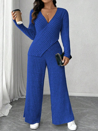 Calvaya Plus Size Soft Knit Fleece Ribbed Fabric Wrap Long Sleeve T-Shirt + Soft Fleece Ribbed Wide Leg Pants Casual Home 2 Pieces Set Fall Cloth For Women