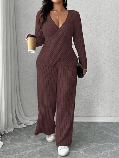 Calvaya Plus Size Soft Knit Fleece Ribbed Fabric Wrap Long Sleeve T-Shirt + Soft Fleece Ribbed Wide Leg Pants Casual Home 2 Pieces Set Fall Cloth For Women
