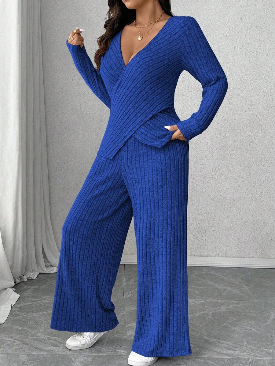 Calvaya Plus Size Soft Knit Fleece Ribbed Fabric Wrap Long Sleeve T-Shirt + Soft Fleece Ribbed Wide Leg Pants Casual Home 2 Pieces Set Fall Cloth For Women