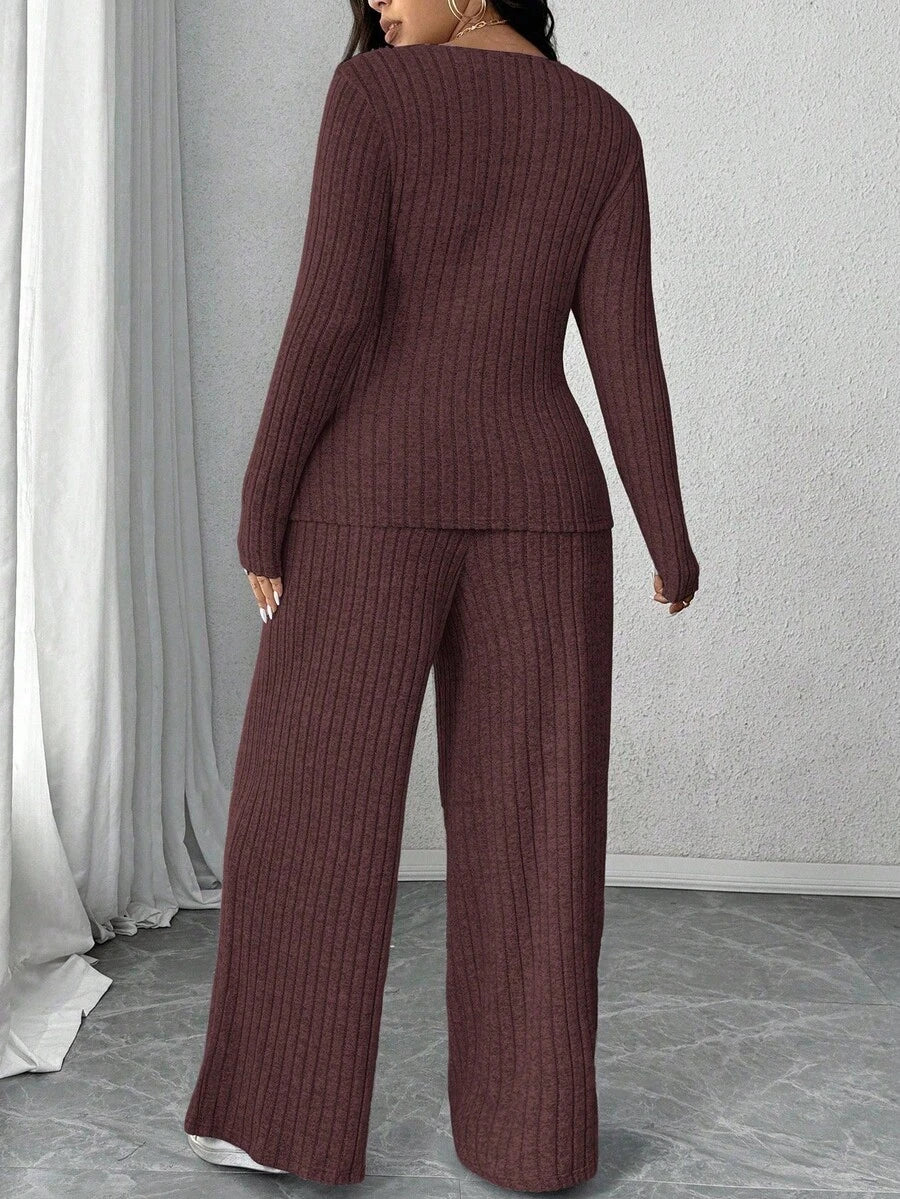 Calvaya Plus Size Soft Knit Fleece Ribbed Fabric Wrap Long Sleeve T-Shirt + Soft Fleece Ribbed Wide Leg Pants Casual Home 2 Pieces Set Fall Cloth For Women