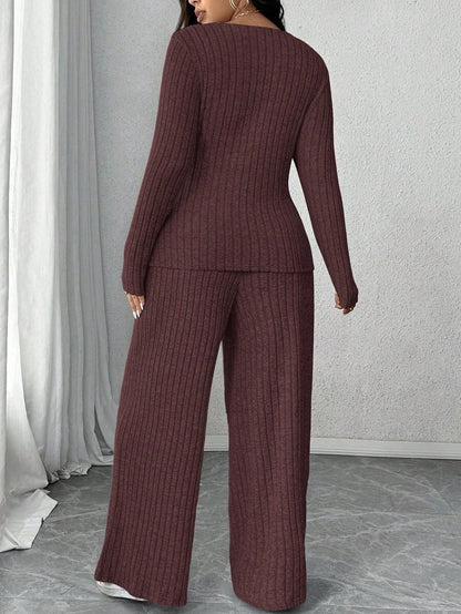 Calvaya Plus Size Soft Knit Fleece Ribbed Fabric Wrap Long Sleeve T-Shirt + Soft Fleece Ribbed Wide Leg Pants Casual Home 2 Pieces Set Fall Cloth For Women