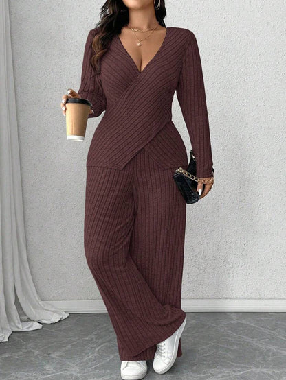 Calvaya Plus Size Soft Knit Fleece Ribbed Fabric Wrap Long Sleeve T-Shirt + Soft Fleece Ribbed Wide Leg Pants Casual Home 2 Pieces Set Fall Cloth For Women