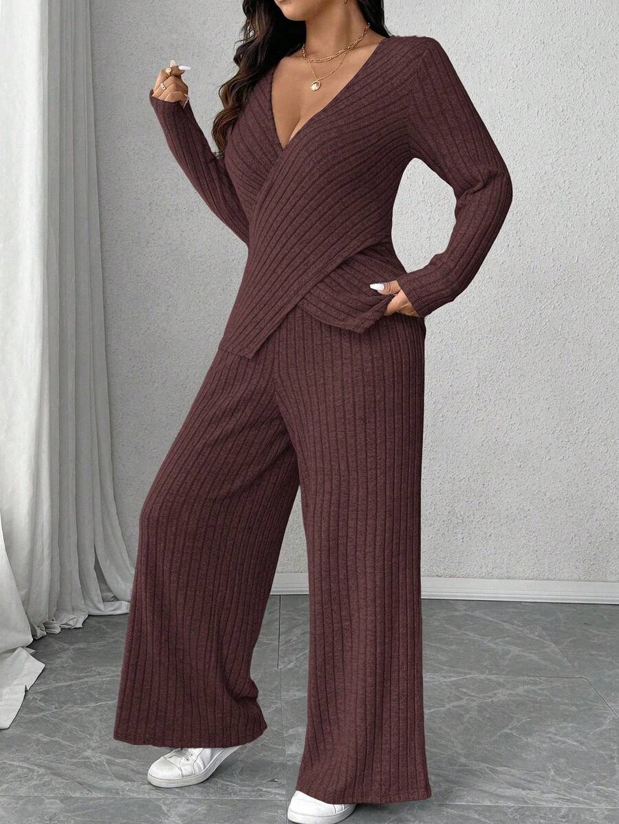 Calvaya Plus Size Soft Knit Fleece Ribbed Fabric Wrap Long Sleeve T-Shirt + Soft Fleece Ribbed Wide Leg Pants Casual Home 2 Pieces Set Fall Cloth For Women