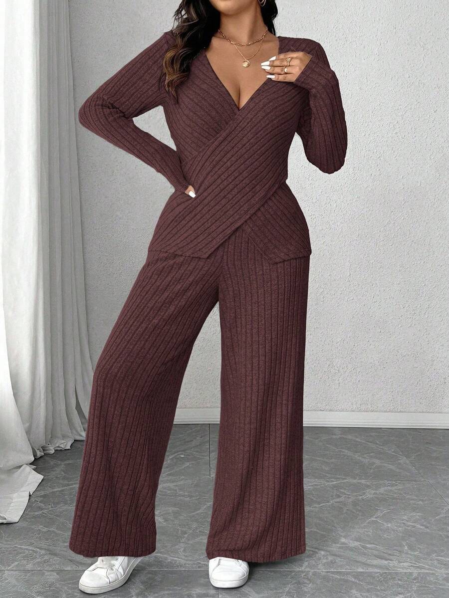 Calvaya Plus Size Soft Knit Fleece Ribbed Fabric Wrap Long Sleeve T-Shirt + Soft Fleece Ribbed Wide Leg Pants Casual Home 2 Pieces Set Fall Cloth For Women