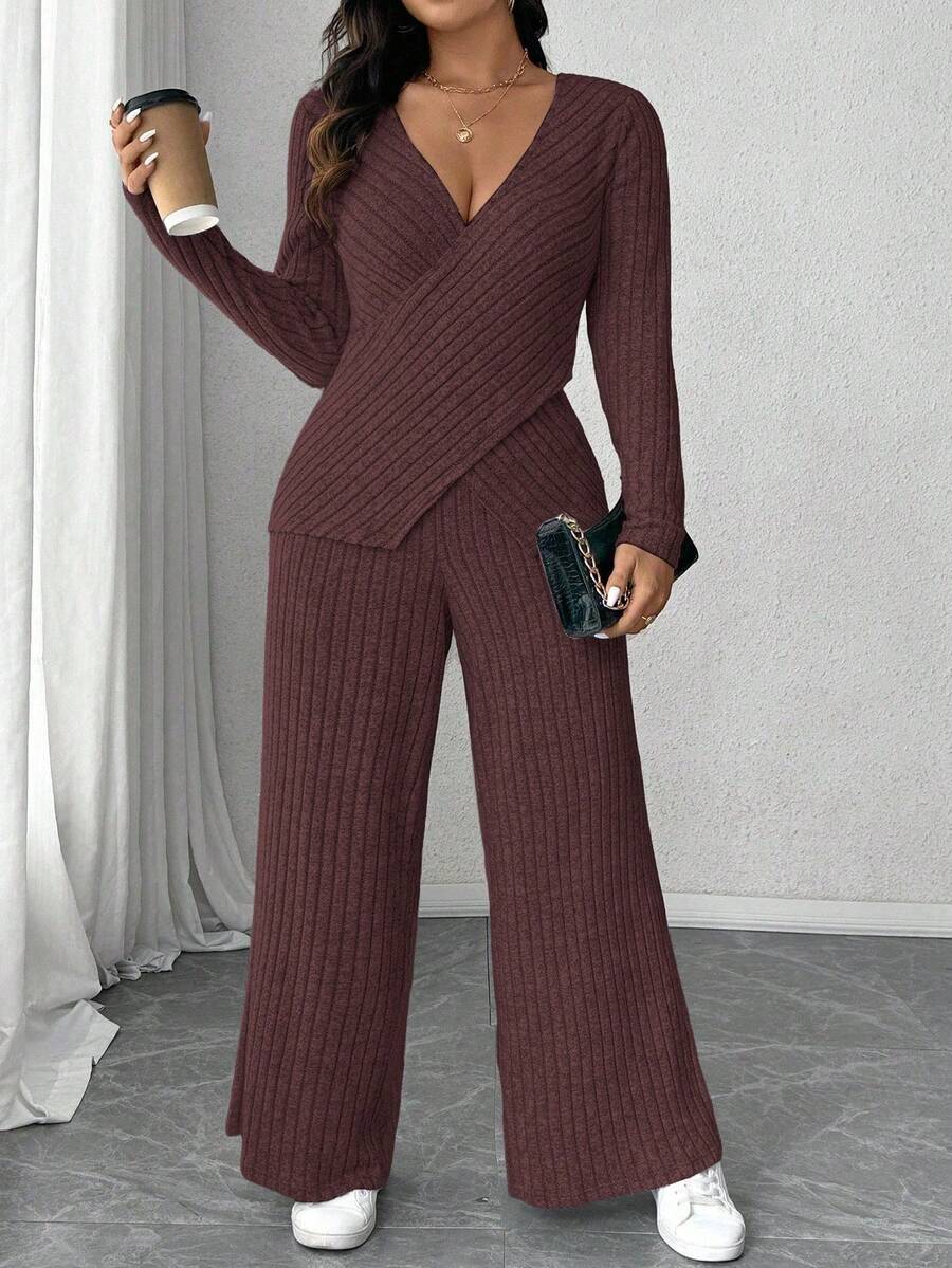 Calvaya Plus Size Soft Knit Fleece Ribbed Fabric Wrap Long Sleeve T-Shirt + Soft Fleece Ribbed Wide Leg Pants Casual Home 2 Pieces Set Fall Cloth For Women