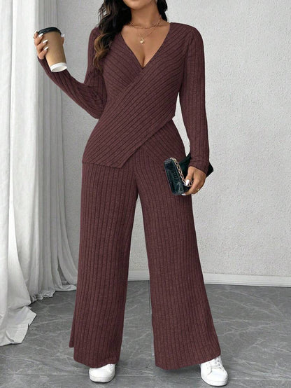 Calvaya Plus Size Soft Knit Fleece Ribbed Fabric Wrap Long Sleeve T-Shirt + Soft Fleece Ribbed Wide Leg Pants Casual Home 2 Pieces Set Fall Cloth For Women