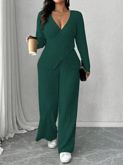 Calvaya Plus Size Soft Knit Fleece Ribbed Fabric Wrap Long Sleeve T-Shirt + Soft Fleece Ribbed Wide Leg Pants Casual Home 2 Pieces Set Fall Cloth For Women