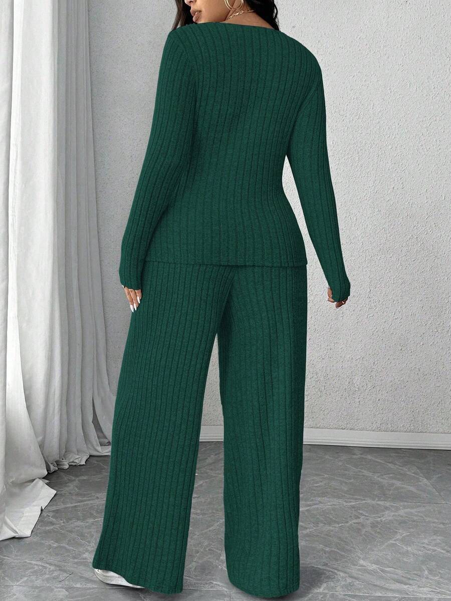 Calvaya Plus Size Soft Knit Fleece Ribbed Fabric Wrap Long Sleeve T-Shirt + Soft Fleece Ribbed Wide Leg Pants Casual Home 2 Pieces Set Fall Cloth For Women