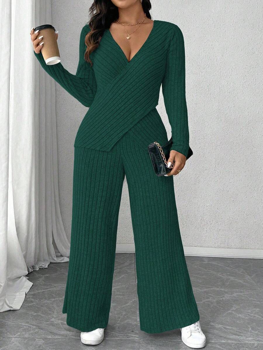 Calvaya Plus Size Soft Knit Fleece Ribbed Fabric Wrap Long Sleeve T-Shirt + Soft Fleece Ribbed Wide Leg Pants Casual Home 2 Pieces Set Fall Cloth For Women