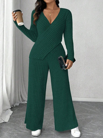 Calvaya Plus Size Soft Knit Fleece Ribbed Fabric Wrap Long Sleeve T-Shirt + Soft Fleece Ribbed Wide Leg Pants Casual Home 2 Pieces Set Fall Cloth For Women