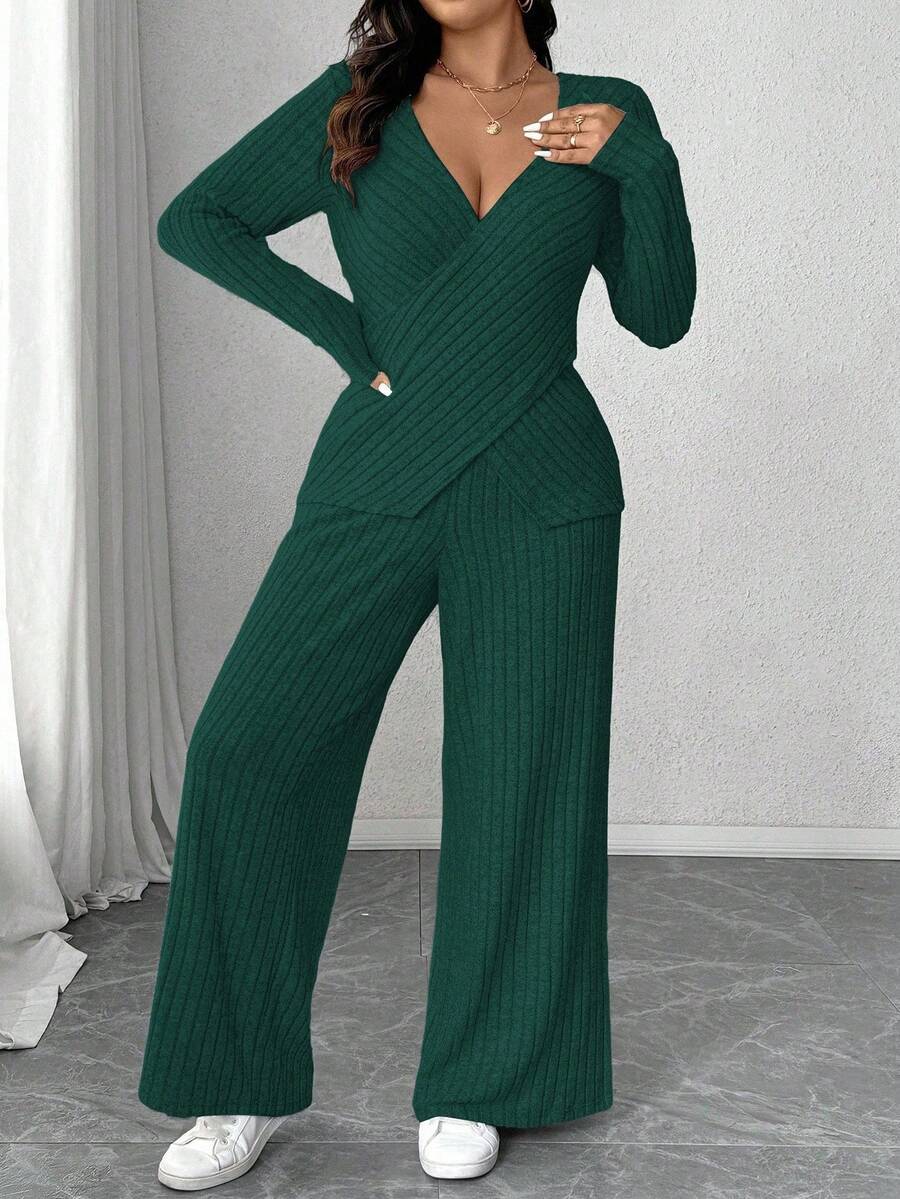 Calvaya Plus Size Soft Knit Fleece Ribbed Fabric Wrap Long Sleeve T-Shirt + Soft Fleece Ribbed Wide Leg Pants Casual Home 2 Pieces Set Fall Cloth For Women