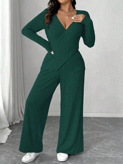 Calvaya Plus Size Soft Knit Fleece Ribbed Fabric Wrap Long Sleeve T-Shirt + Soft Fleece Ribbed Wide Leg Pants Casual Home 2 Pieces Set Fall Cloth For Women