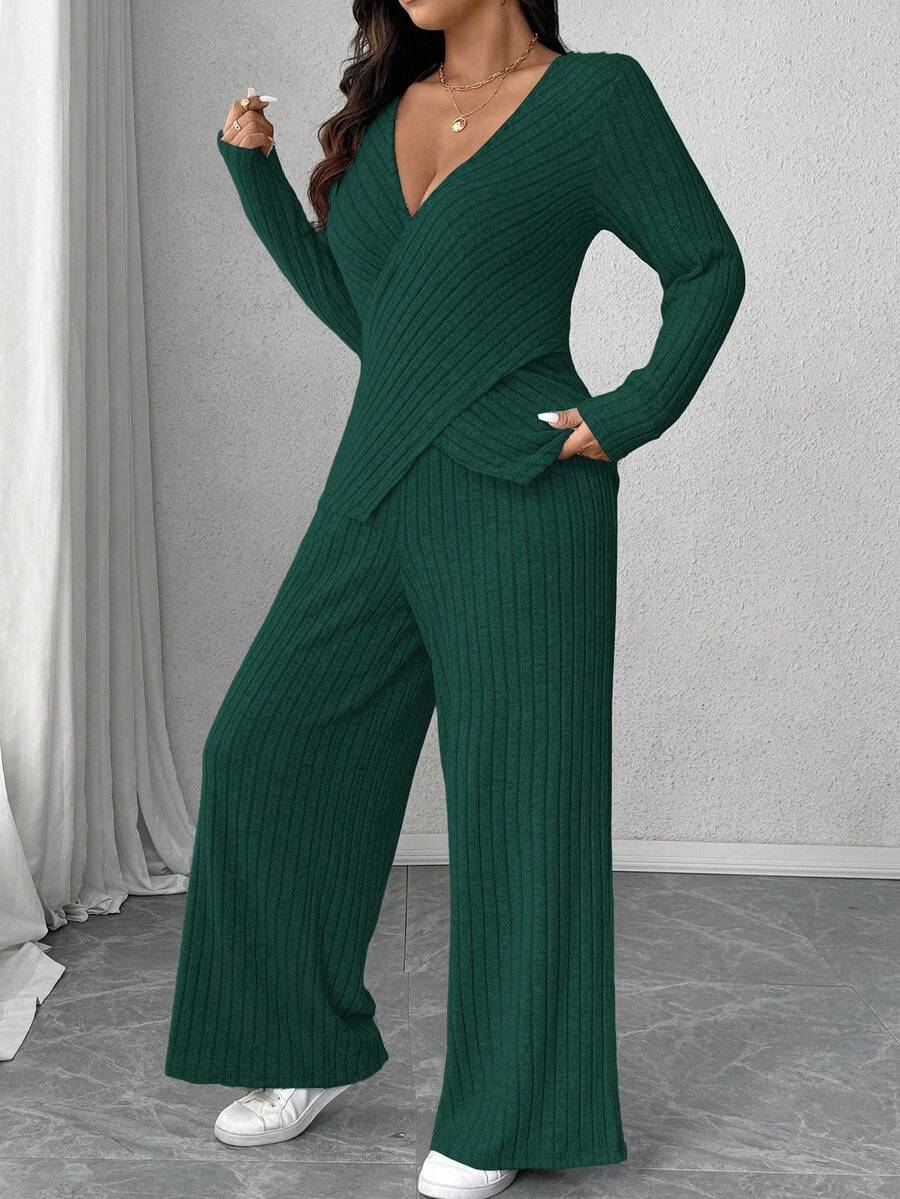 Calvaya Plus Size Soft Knit Fleece Ribbed Fabric Wrap Long Sleeve T-Shirt + Soft Fleece Ribbed Wide Leg Pants Casual Home 2 Pieces Set Fall Cloth For Women