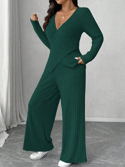 Calvaya Plus Size Soft Knit Fleece Ribbed Fabric Wrap Long Sleeve T-Shirt + Soft Fleece Ribbed Wide Leg Pants Casual Home 2 Pieces Set Fall Cloth For Women