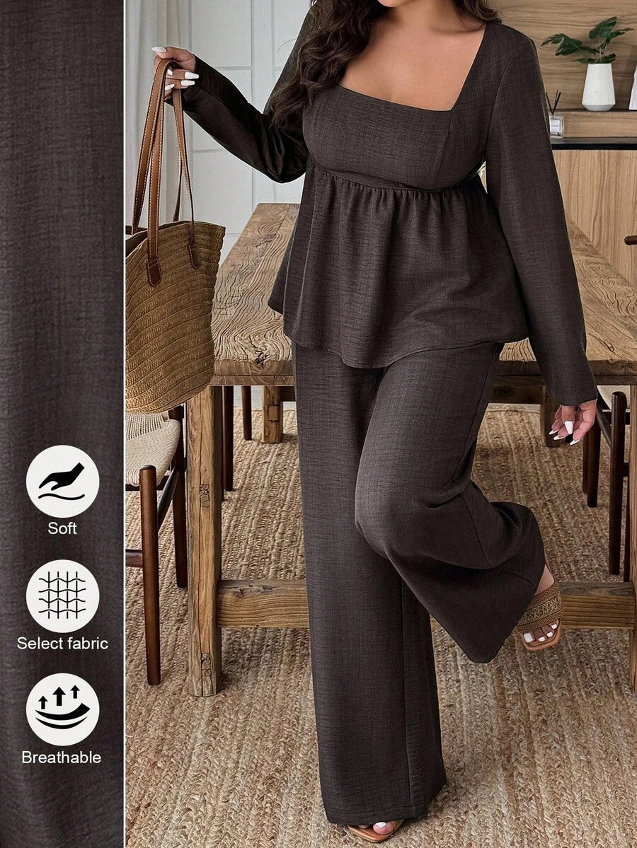 Weeklong Plus Size Vacation Casual Solid Color Shirt And Pants 2 Pieces Set Fall Cloth For Women