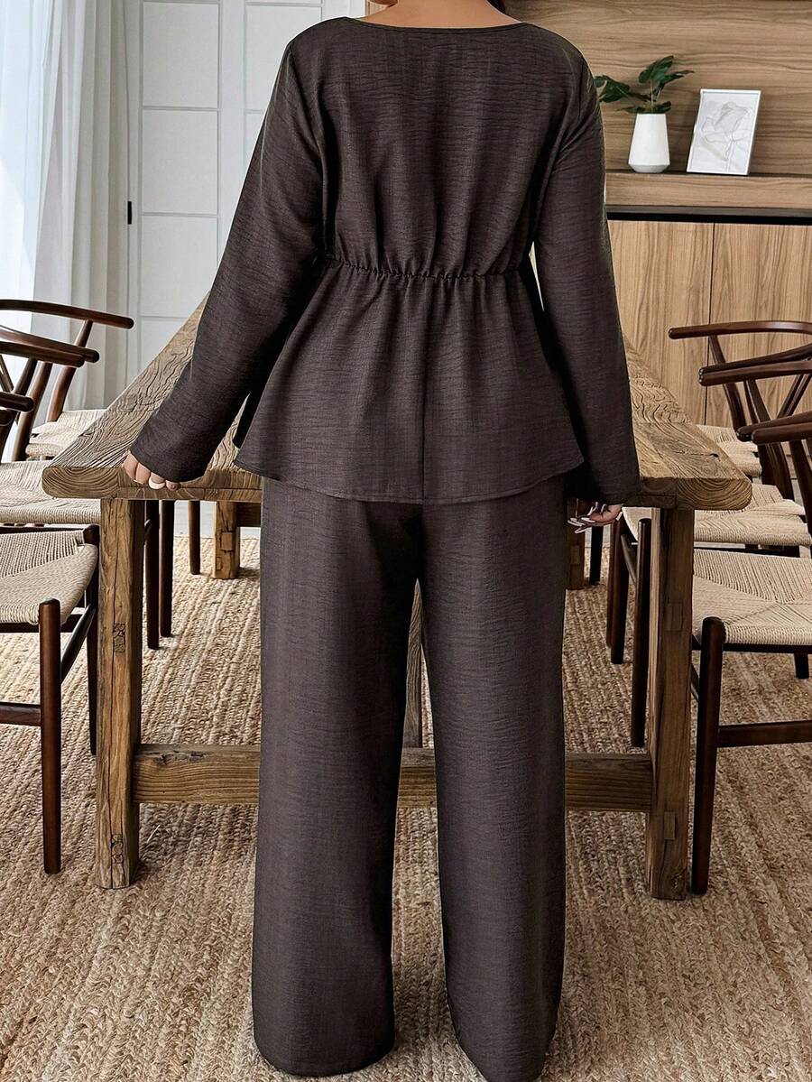 Weeklong Plus Size Vacation Casual Solid Color Shirt And Pants 2 Pieces Set Fall Cloth For Women