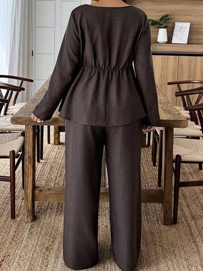 Weeklong Plus Size Vacation Casual Solid Color Shirt And Pants 2 Pieces Set Fall Cloth For Women