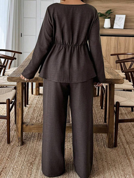Weeklong Plus Size Vacation Casual Solid Color Shirt And Pants 2 Pieces Set Fall Cloth For Women