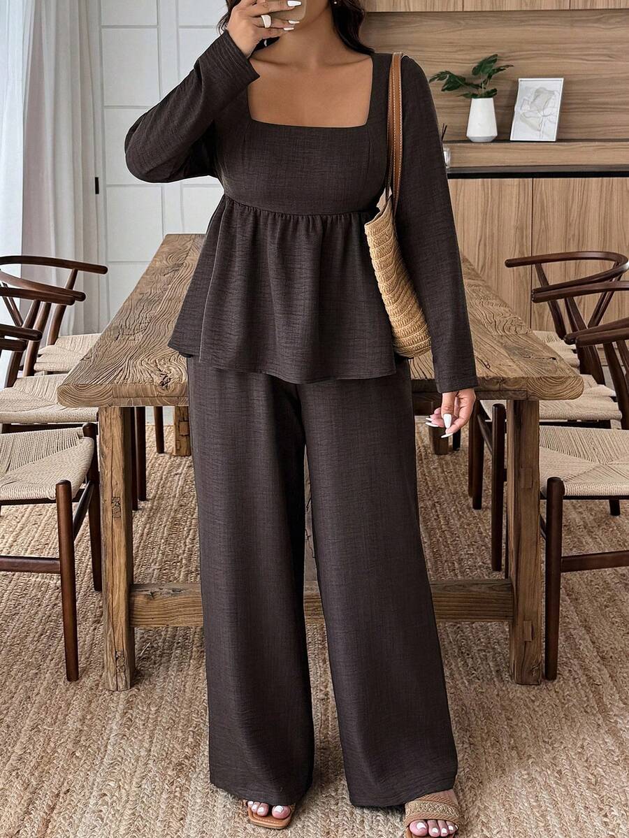 Weeklong Plus Size Vacation Casual Solid Color Shirt And Pants 2 Pieces Set Fall Cloth For Women