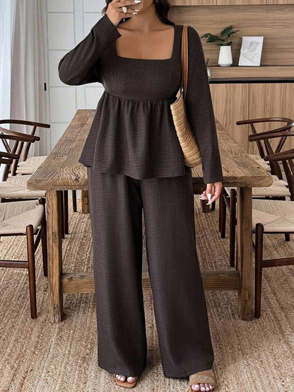 Weeklong Plus Size Vacation Casual Solid Color Shirt And Pants 2 Pieces Set Fall Cloth For Women