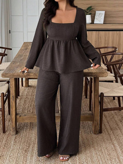 Weeklong Plus Size Vacation Casual Solid Color Shirt And Pants 2 Pieces Set Fall Cloth For Women