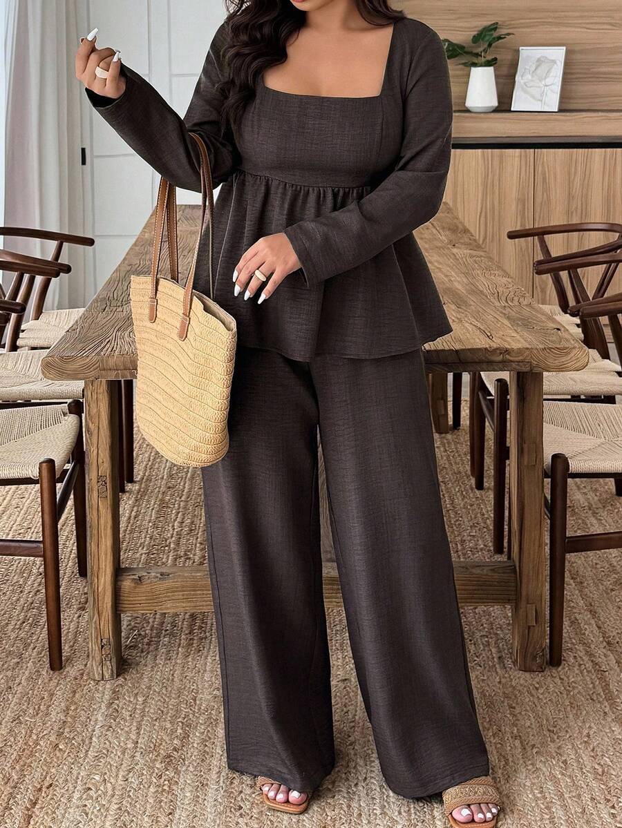 Weeklong Plus Size Vacation Casual Solid Color Shirt And Pants 2 Pieces Set Fall Cloth For Women