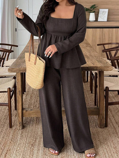 Weeklong Plus Size Vacation Casual Solid Color Shirt And Pants 2 Pieces Set Fall Cloth For Women
