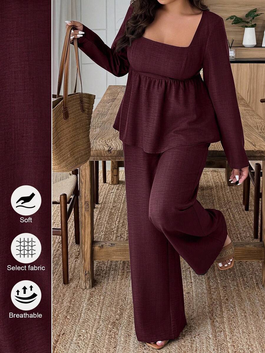 Weeklong Plus Size Vacation Casual Solid Color Shirt And Pants 2 Pieces Set Fall Cloth For Women