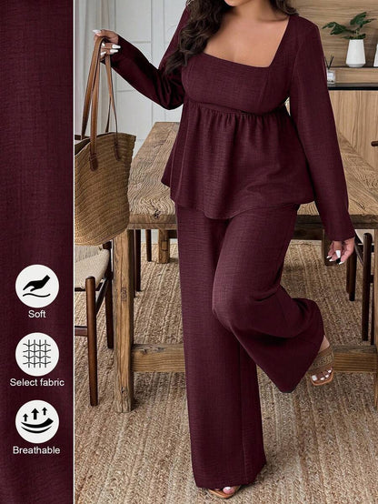 Weeklong Plus Size Vacation Casual Solid Color Shirt And Pants 2 Pieces Set Fall Cloth For Women