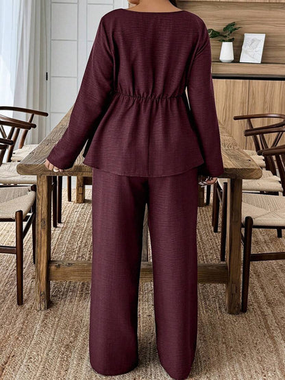 Weeklong Plus Size Vacation Casual Solid Color Shirt And Pants 2 Pieces Set Fall Cloth For Women