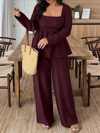 Weeklong Plus Size Vacation Casual Solid Color Shirt And Pants 2 Pieces Set Fall Cloth For Women