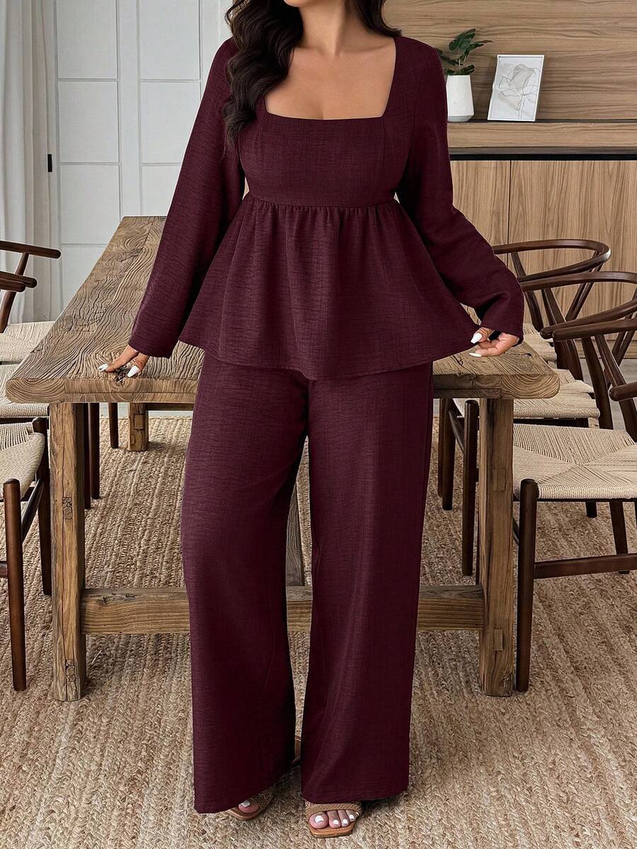 Weeklong Plus Size Vacation Casual Solid Color Shirt And Pants 2 Pieces Set Fall Cloth For Women