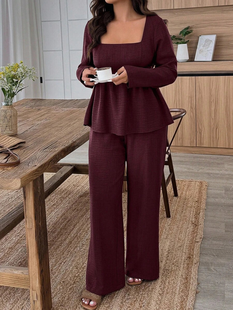 Weeklong Plus Size Vacation Casual Solid Color Shirt And Pants 2 Pieces Set Fall Cloth For Women