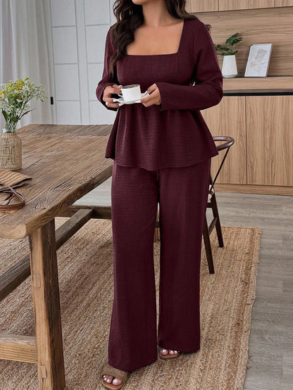 Weeklong Plus Size Vacation Casual Solid Color Shirt And Pants 2 Pieces Set Fall Cloth For Women